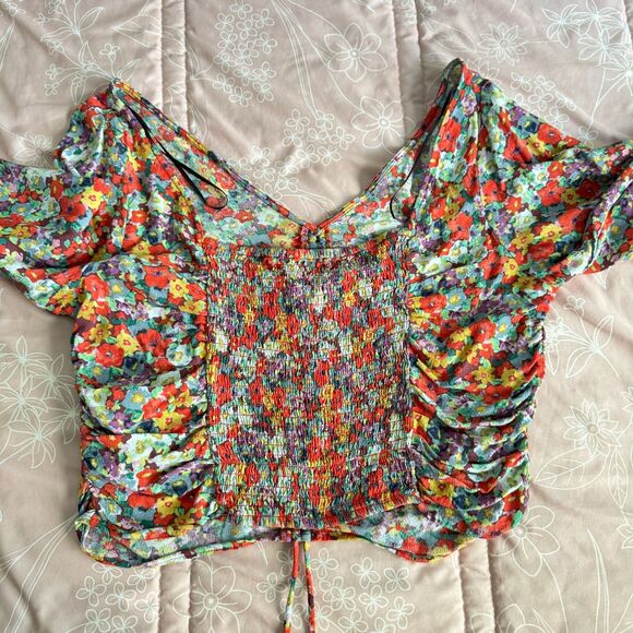 Floral Print Blouse With Drawstring Long Balloon Sleeves Size Large H&M - Picture 3 of 9